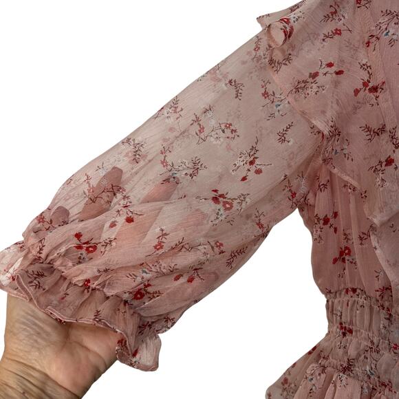 CY Fashion Blush Pink Floral Ruffle Boho Dress Chiffon Back Cutout Flowy Boho M - Picture 5 of 9